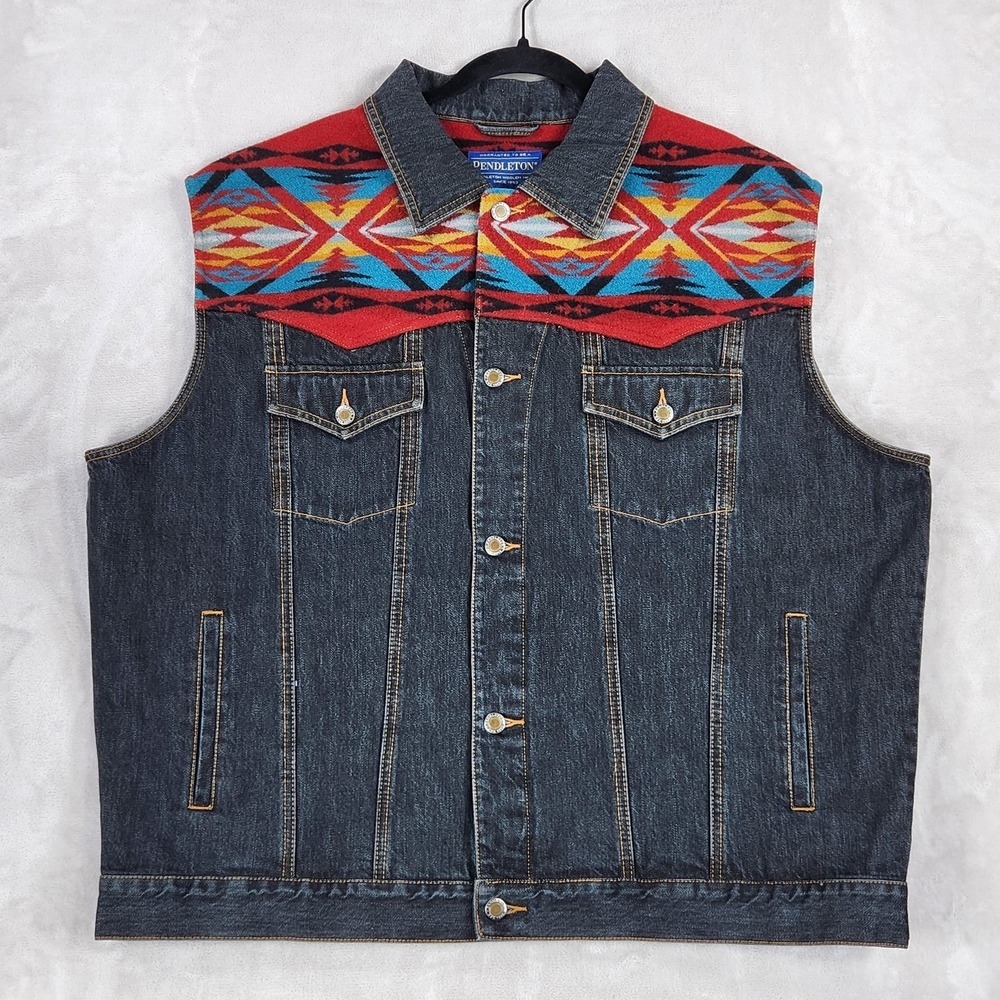 Pendleton High Grade Western Wear Vest Mens 2XL Denim Wool Aztec Yoke Tribal